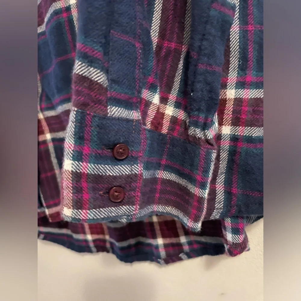 Express Boyfriend Flannel Shirt Blue Pink Double Front Patch Pocket Size Medium - Picture 7 of 11